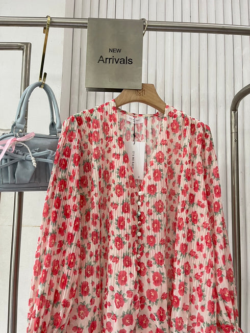 Floral Pleated V-Neck Chiffon Shirts